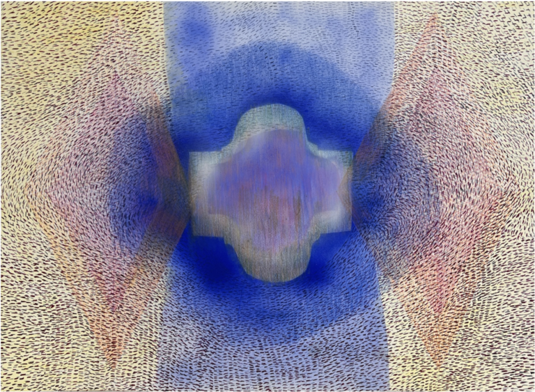 abstract drawing with blue center, lots of small marks surrounding